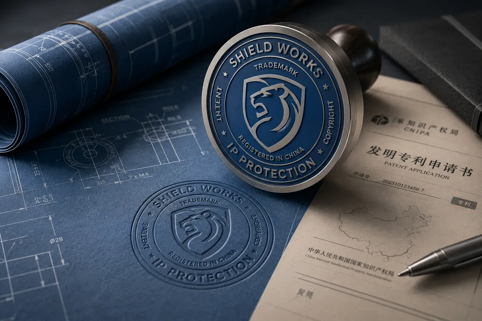 Shield Works IP protection coin beside a CNIPA patent application document on an engineering blueprint