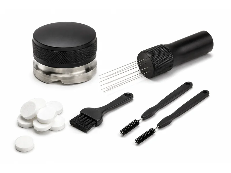 Barista kit with a tamper, distribution tool, WDT needle tool, brushes and cleaning tablets