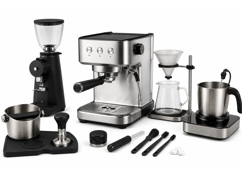 A range of coffee equipment together: grinder, espresso machine, pour-over stand, milk frother and tamper station