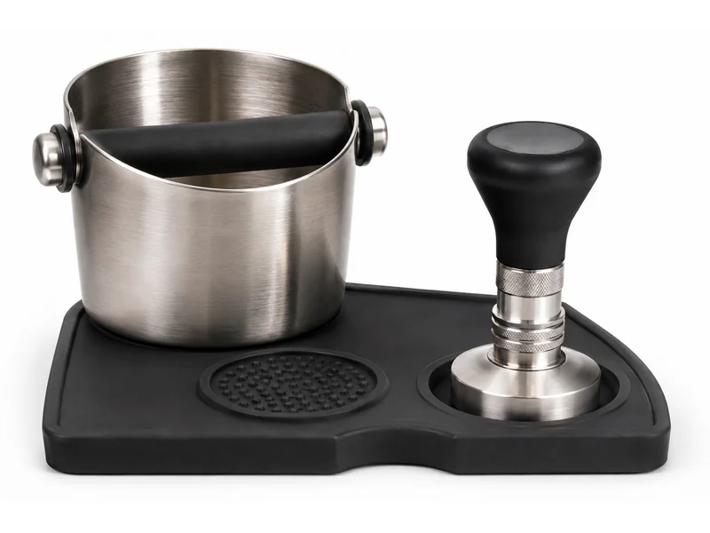 Stainless steel knock box beside a tamper seated in a counter tamper station