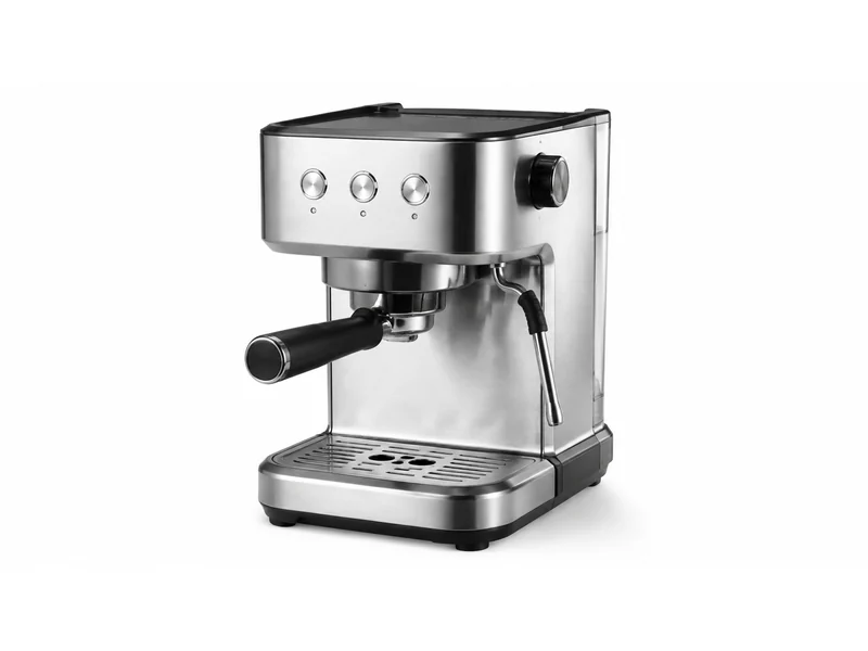 Stainless steel espresso machine with a portafilter, steam wand and control panel