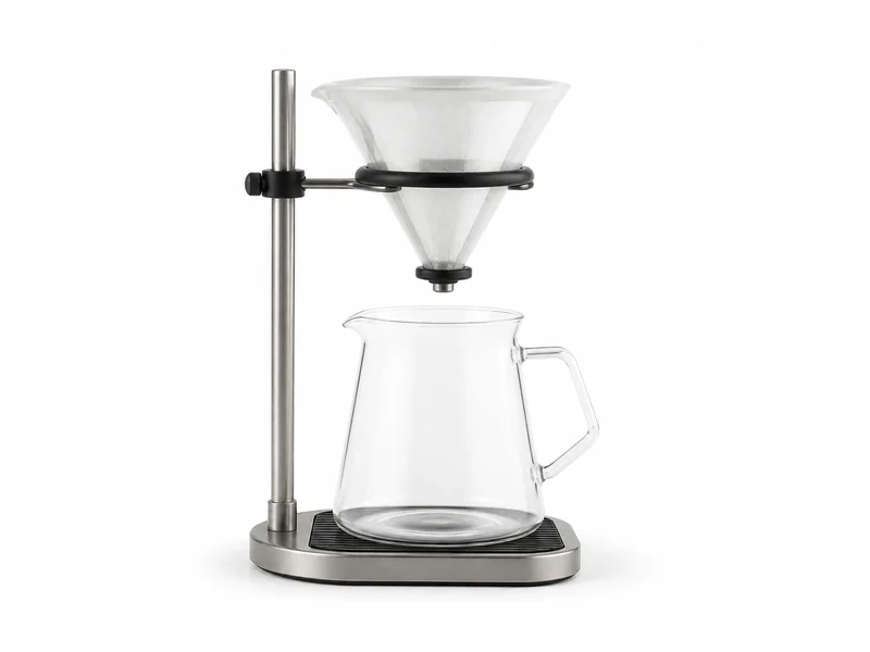 Pour-over brewing stand holding a glass dripper above a glass carafe
