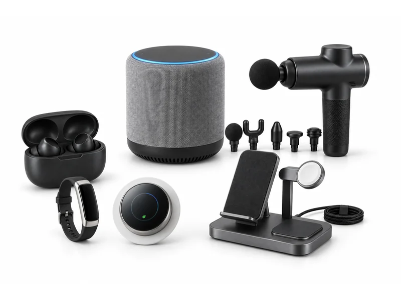 A range of connected consumer devices together: earbuds, smart speaker, massage device, charging dock, thermostat and fitness tracker
