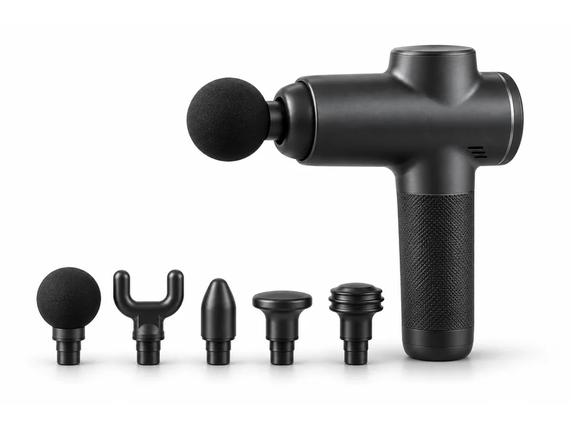 Handheld percussive massage device with a set of interchangeable heads