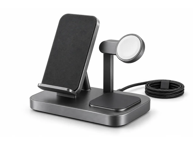 Multi-device charging dock with a phone stand, watch puck and cable