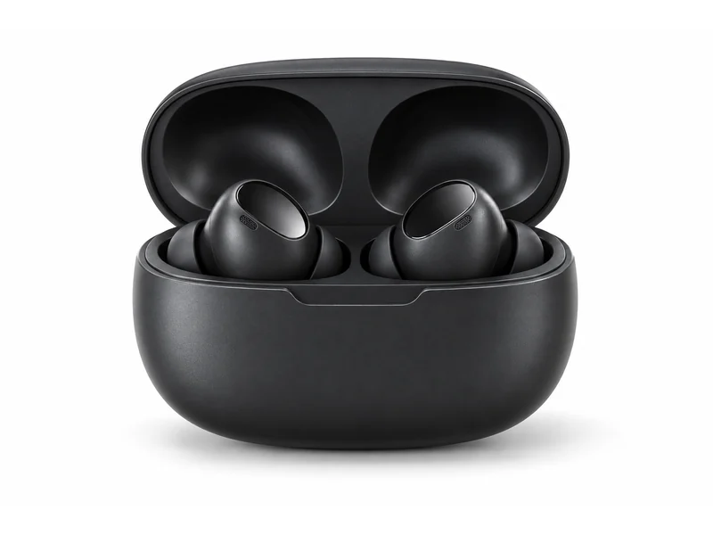 True-wireless earbuds seated in an open charging case