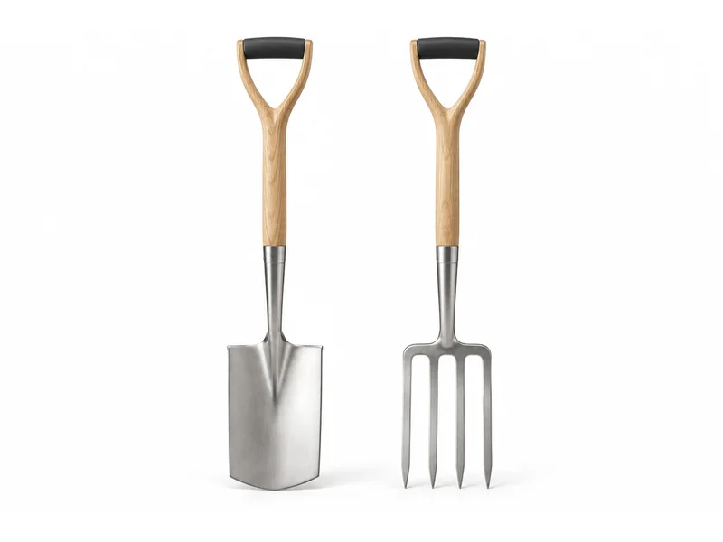 Stainless border spade and fork with wooden shafts and D-grip handles