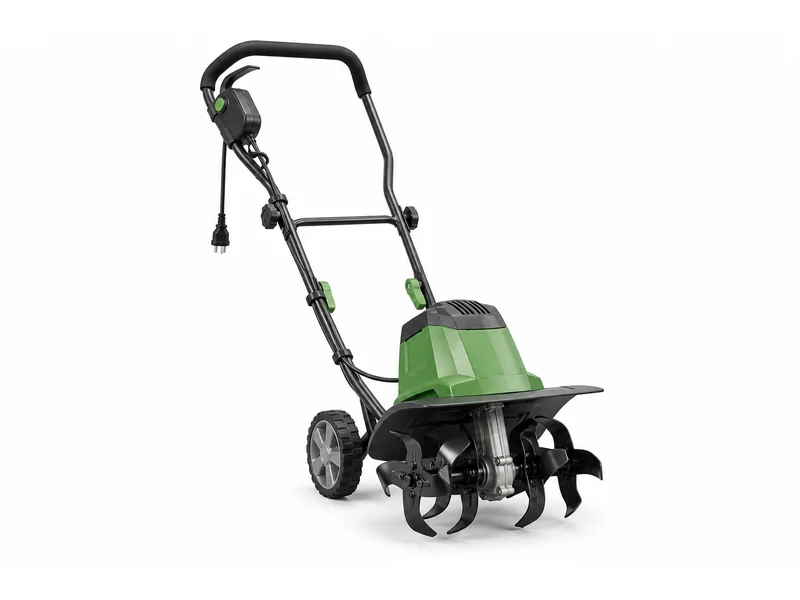 Compact electric garden tiller with rotating tines and transport wheels