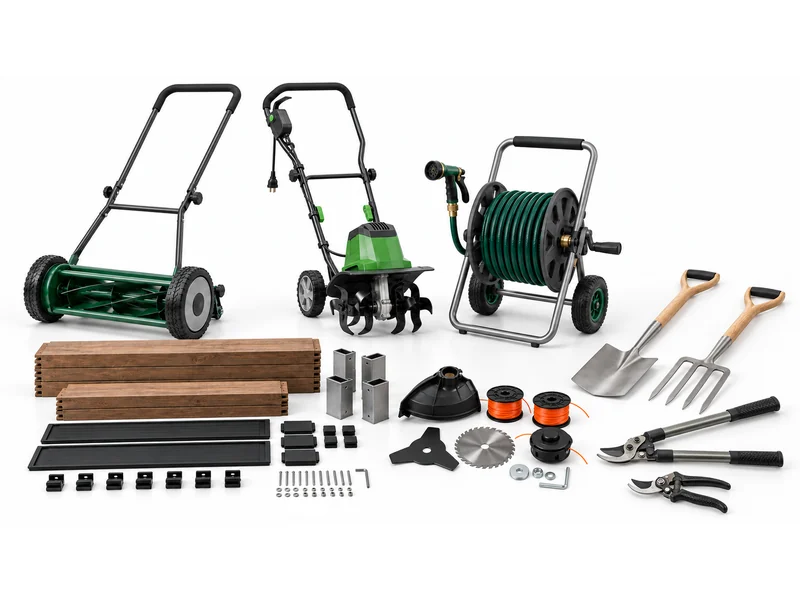 A range of garden equipment together: cylinder mower, electric tiller, hose reel cart, planter timbers and hand tools