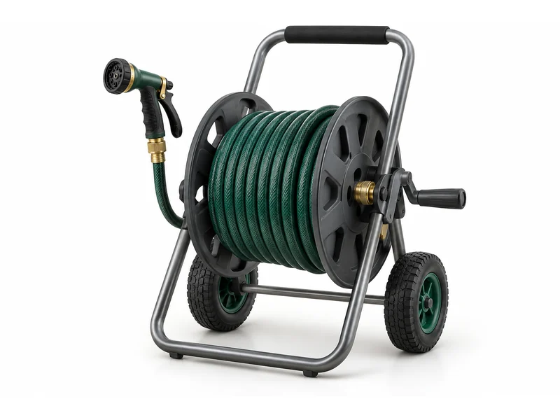 Wheeled steel hose reel cart wound with hose and fitted with an adjustable spray gun