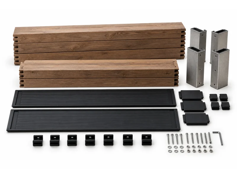 Flat-packed raised planter bed kit with timber boards, steel corner brackets, edging and fixings