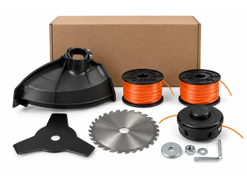 Trimmer accessory pack with a guard, two spools of nylon line, a three-tooth blade and a circular blade