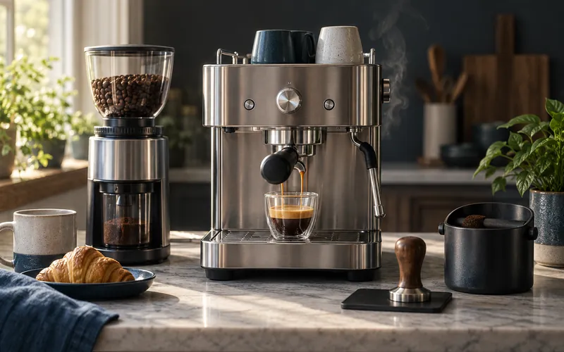 Espresso machine pulling a shot on a home kitchen counter in morning light