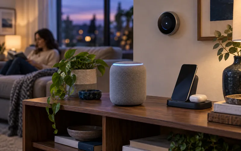 Smart speaker, charging dock and smart thermostat in a modern living room