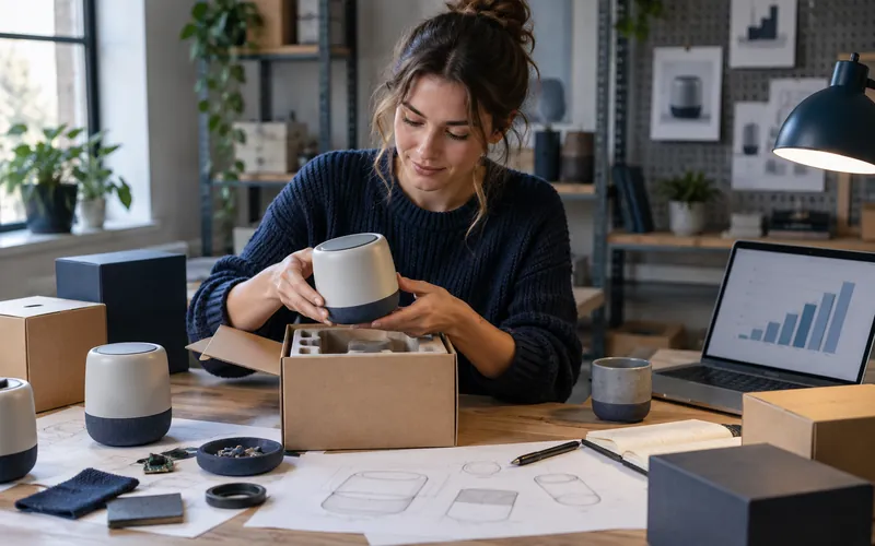 Founder unboxing the first production unit of a crowdfunded hardware product