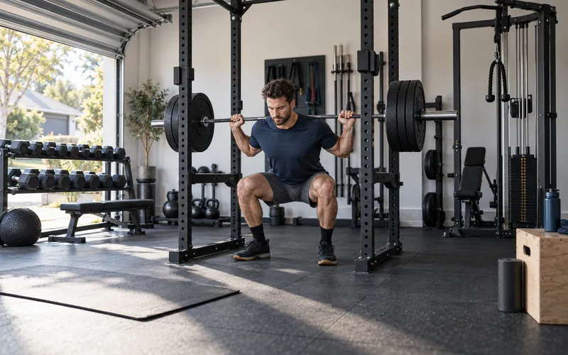 Home garage gym with a power rack, barbell and dumbbells in morning light