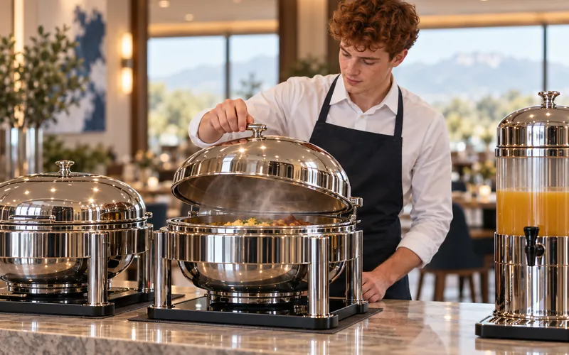 Server lifting the lid of a stainless induction chafing dish beside a beverage dispenser at a hotel buffet