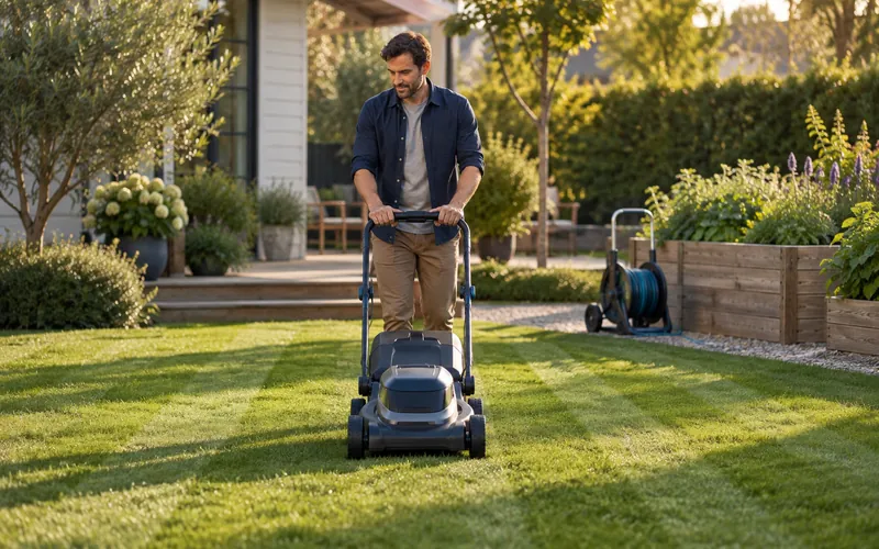 Battery-electric lawn mower cutting neat stripes in a suburban garden
