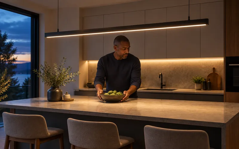 Linear LED pendant lighting a kitchen island at dusk, with warm under-cabinet strip lights