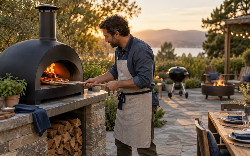 Wood-fired outdoor pizza oven in use on a backyard patio at golden hour