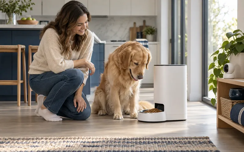 Golden retriever at an automatic pet feeder in a bright kitchen with its owner