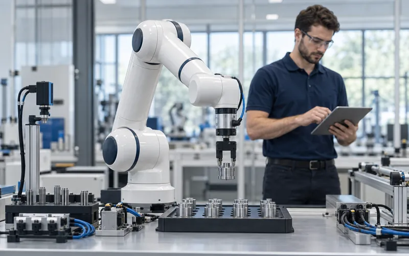 Collaborative robot arm picking a part on a lab workbench beside an engineer