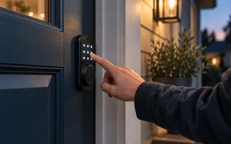 Hand using a keypad smart deadbolt on a modern front door at dusk