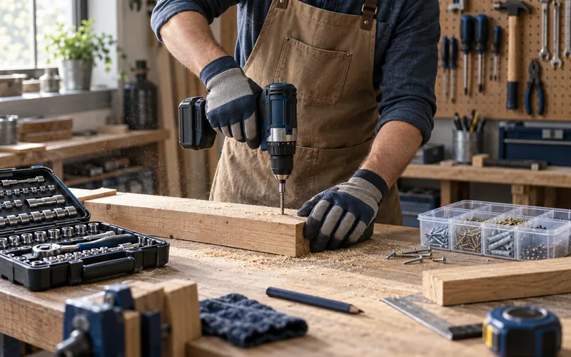 Cordless drill in use on a workshop bench with a socket set and hand tools