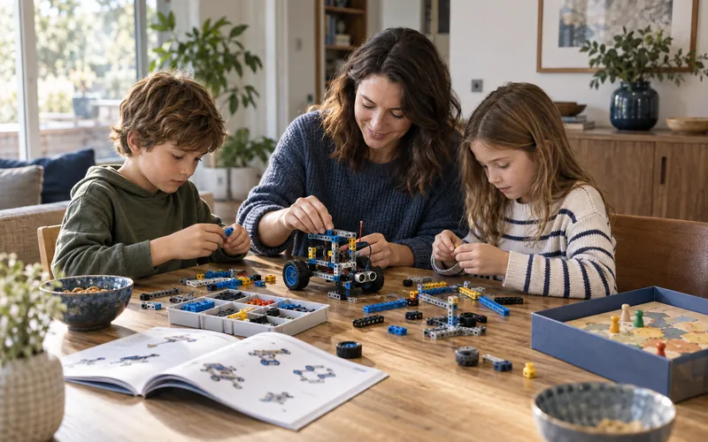 Family building a construction kit and a small STEM robot at the kitchen table
