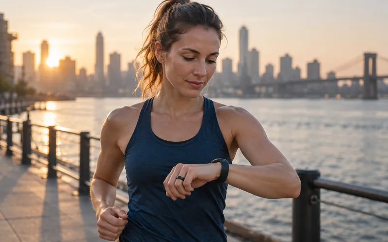 Runner checking a fitness band and smart ring on a waterfront at sunrise
