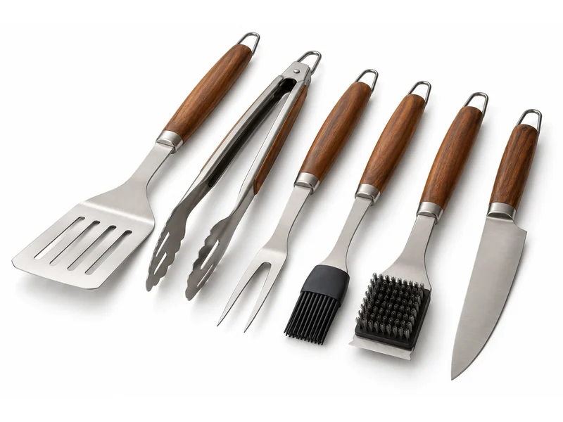 Set of stainless steel barbecue tools with wooden handles: spatula, tongs, fork, basting brush, cleaning brush and knife