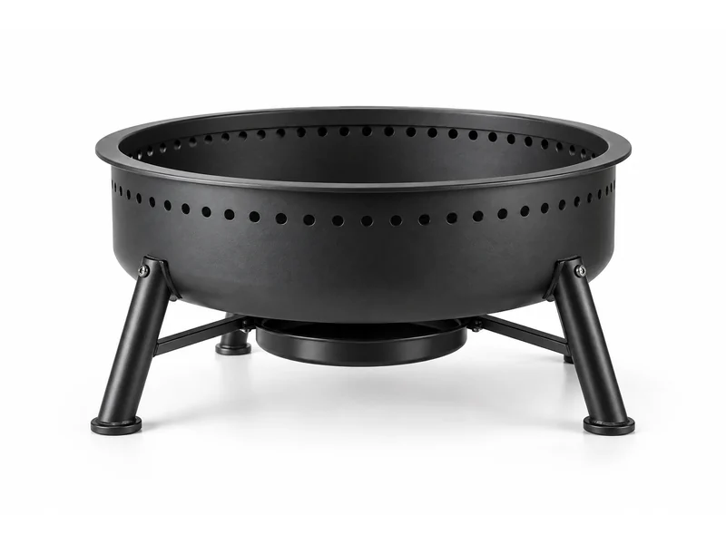 Round steel fire pit bowl with a perforated rim on splayed legs