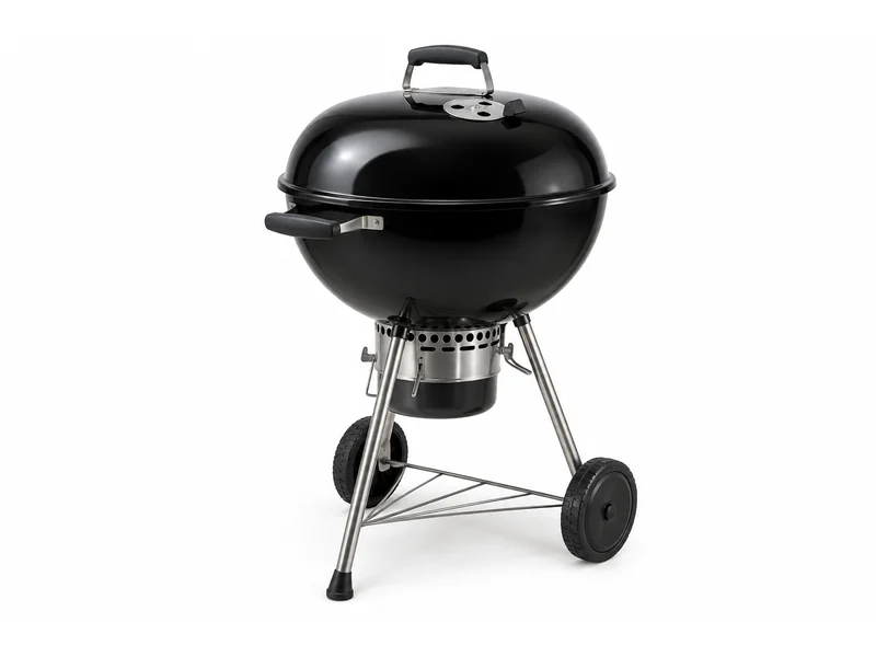 Kettle charcoal barbecue grill with a domed lid and wheeled base