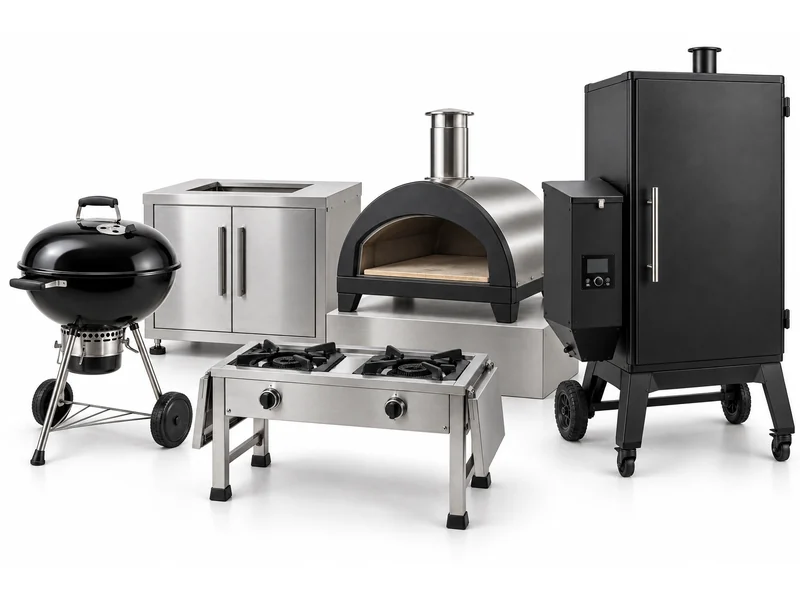 A range of outdoor cooking products together: grill, kitchen cabinet, gas cooker, pizza oven and smoker