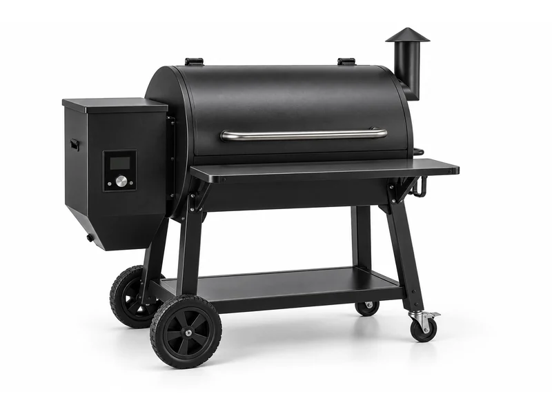 Wheeled pellet grill with a side hopper, chimney and folding shelf