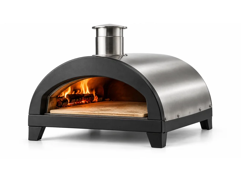 Stainless steel wood-fired pizza oven with a stone hearth and lit fire