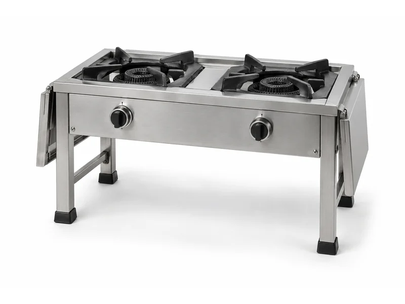 Two-burner stainless steel outdoor gas cooker on folding legs
