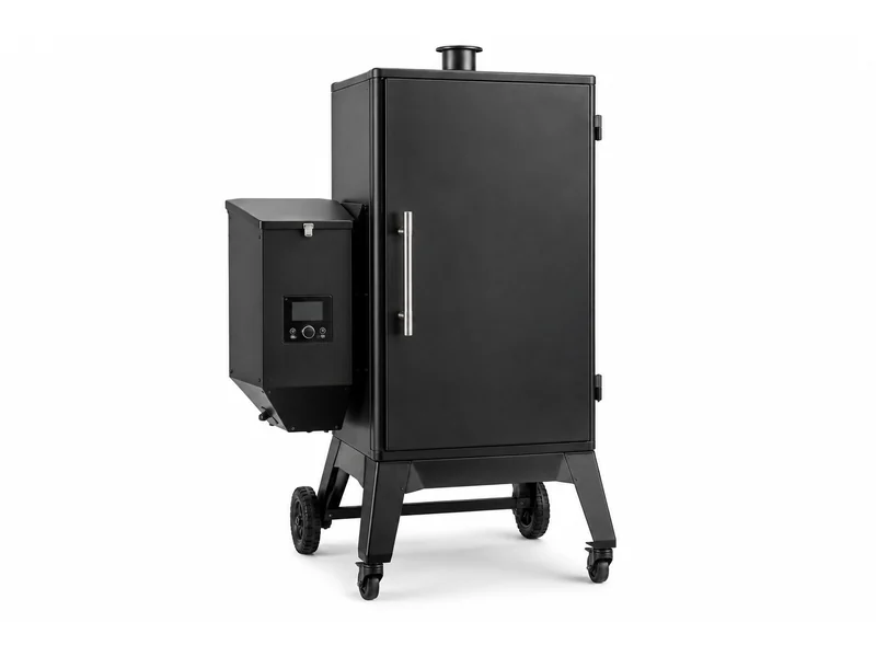 Vertical pellet smoker cabinet with a digital controller and castors