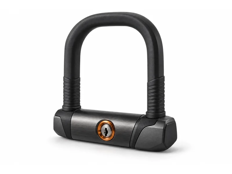 Black D-lock with a rubber-sleeved hardened shackle and a keyed cylinder in the crossbar
