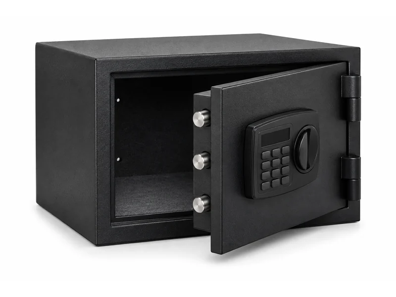 Compact black document safe with its door open, showing an electronic keypad and three locking bolts