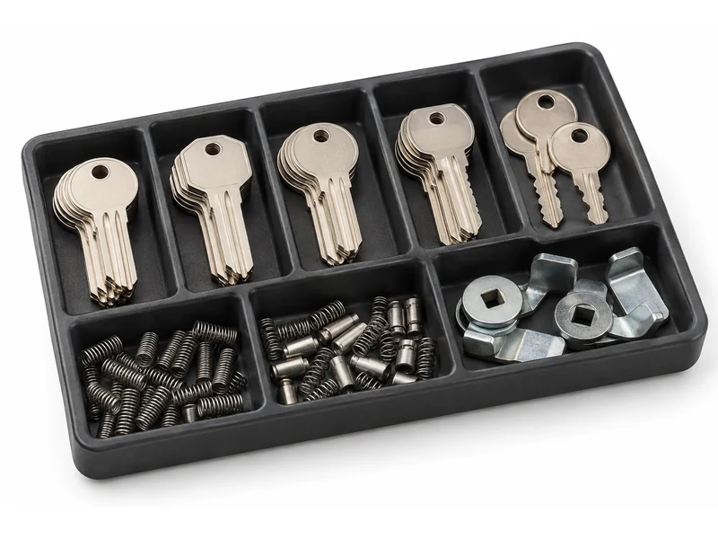 Compartment tray holding cut keys, pin stacks, springs and small lock components