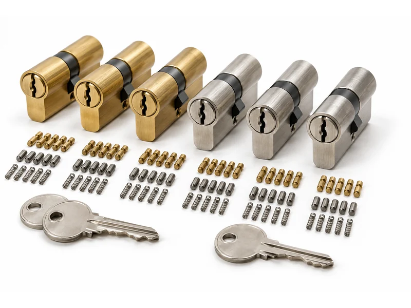Six euro-profile cylinders in brass and nickel with rows of pins and two cut keys