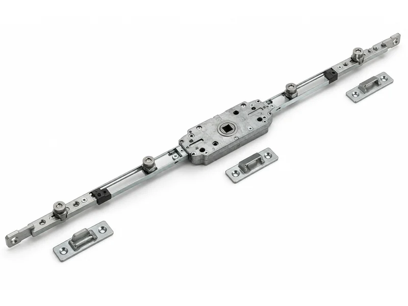 Long multipoint locking strip with a central gearbox, shoot bolts and keep plates
