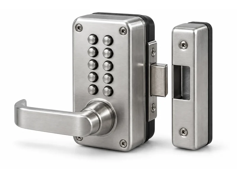 Stainless keypad gate lock with a lever handle beside its matching strike plate
