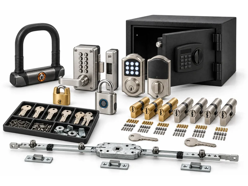 A range of security hardware together: D-lock, keypad lock, deadbolt, safe, padlocks, key tray, cylinders and multipoint strips