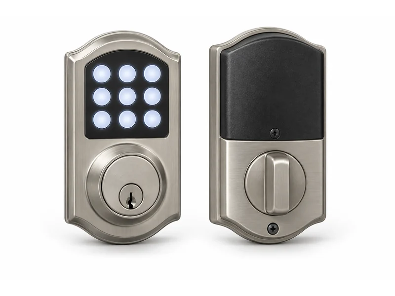 Two satin nickel deadbolts, one with an illuminated keypad and one with a plain escutcheon