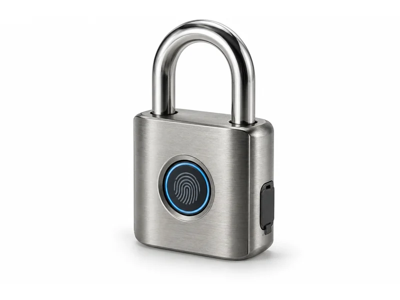 Stainless steel padlock with a circular fingerprint reader set into the body