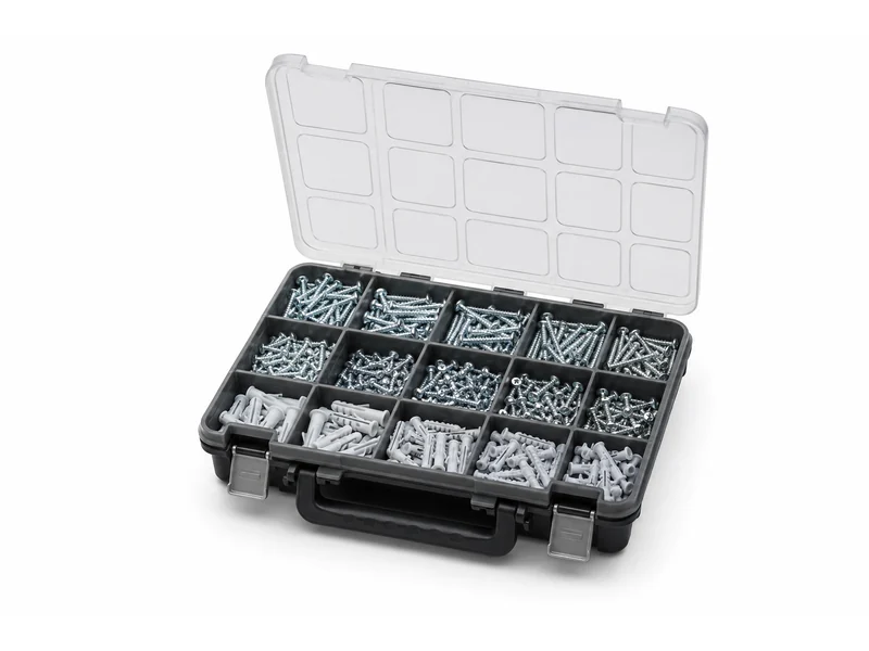 Compartmented organiser case filled with assorted screws and fixings