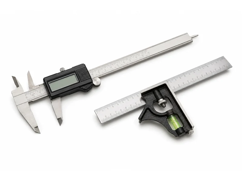 Digital caliper beside a combination square with a spirit level