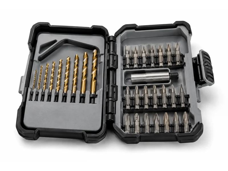 Drill and driver bit set in a hinged storage case